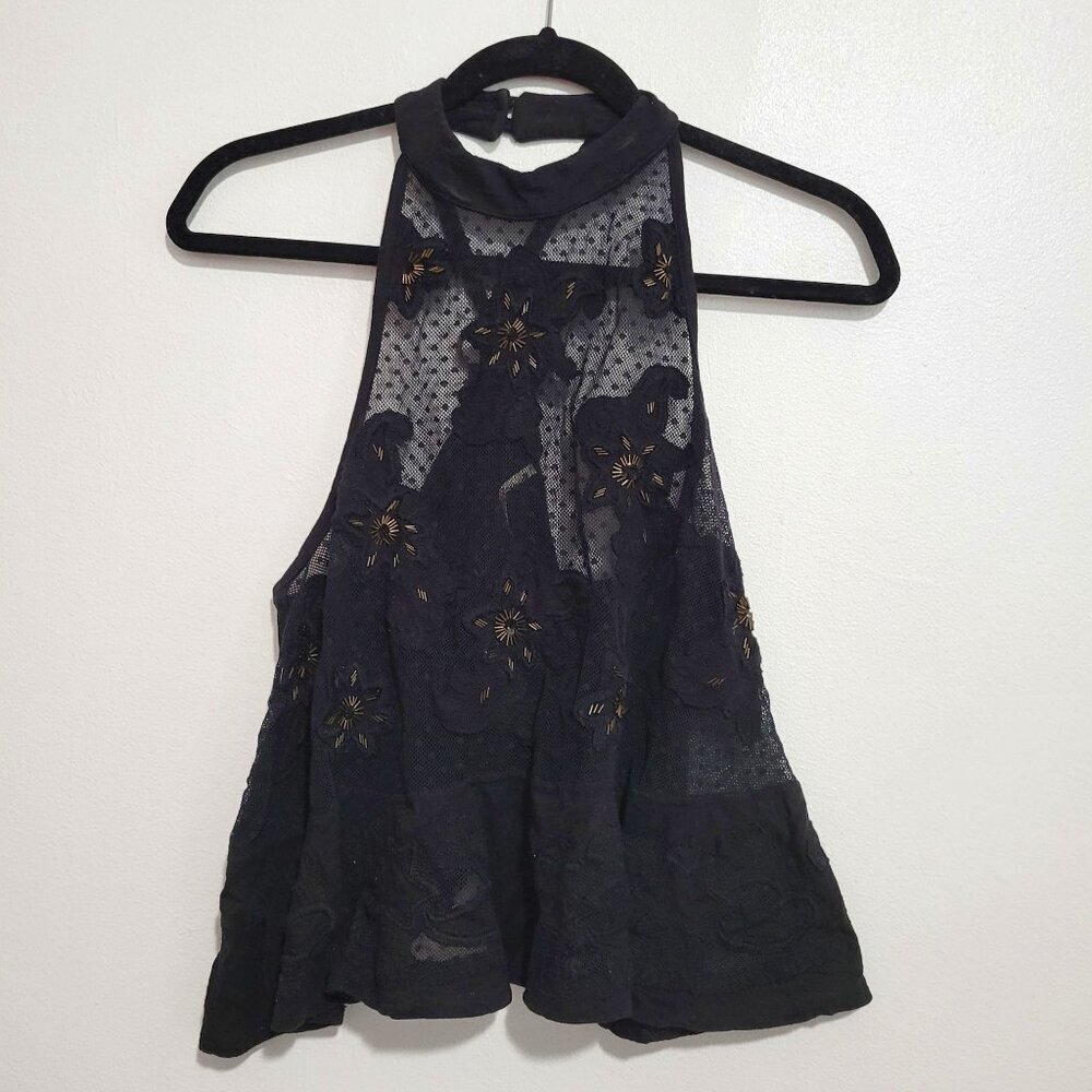 Embellished Lace Sheer Black Halter Summer Top Size XS